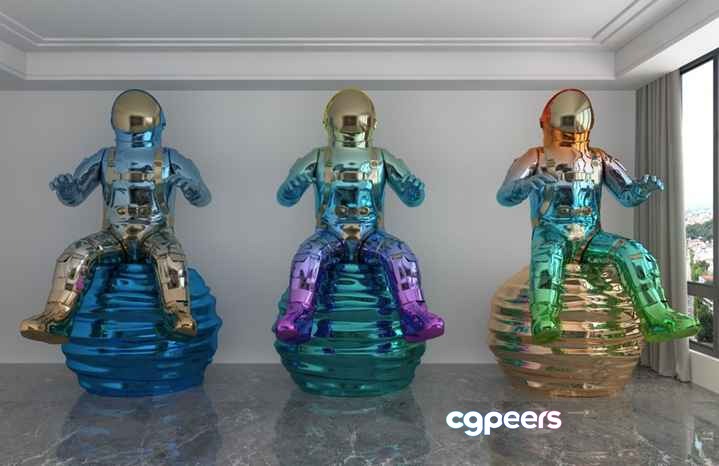 Three Shiny Astronaut Statues 3D Model - 6441 - VRAY Render Three Shiny Astronaut Statues 3D Model - 6441 - VRAY Render