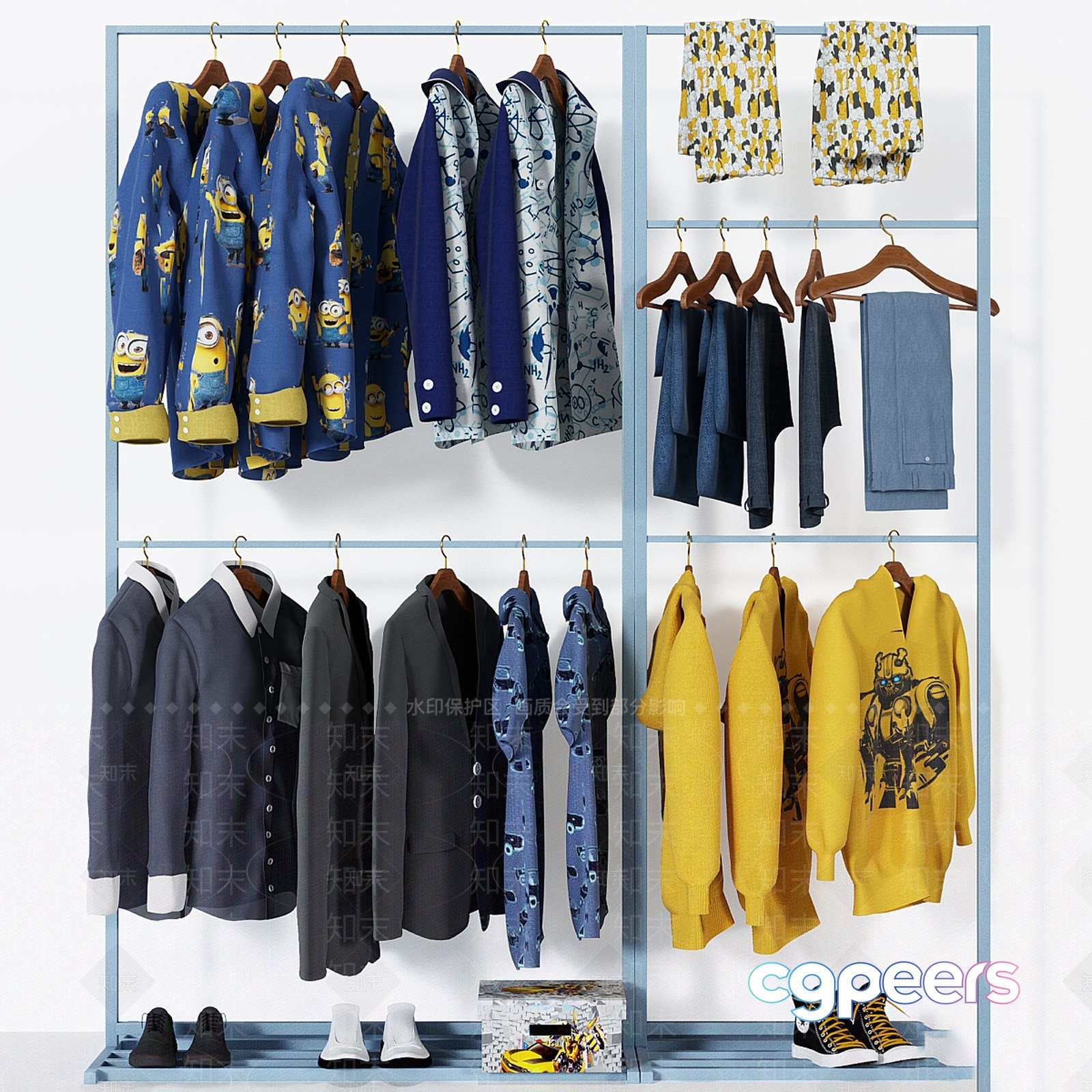 A Clothing Rack With Various Shirts And Shoes 3D Model - 4172 - CORONA Render