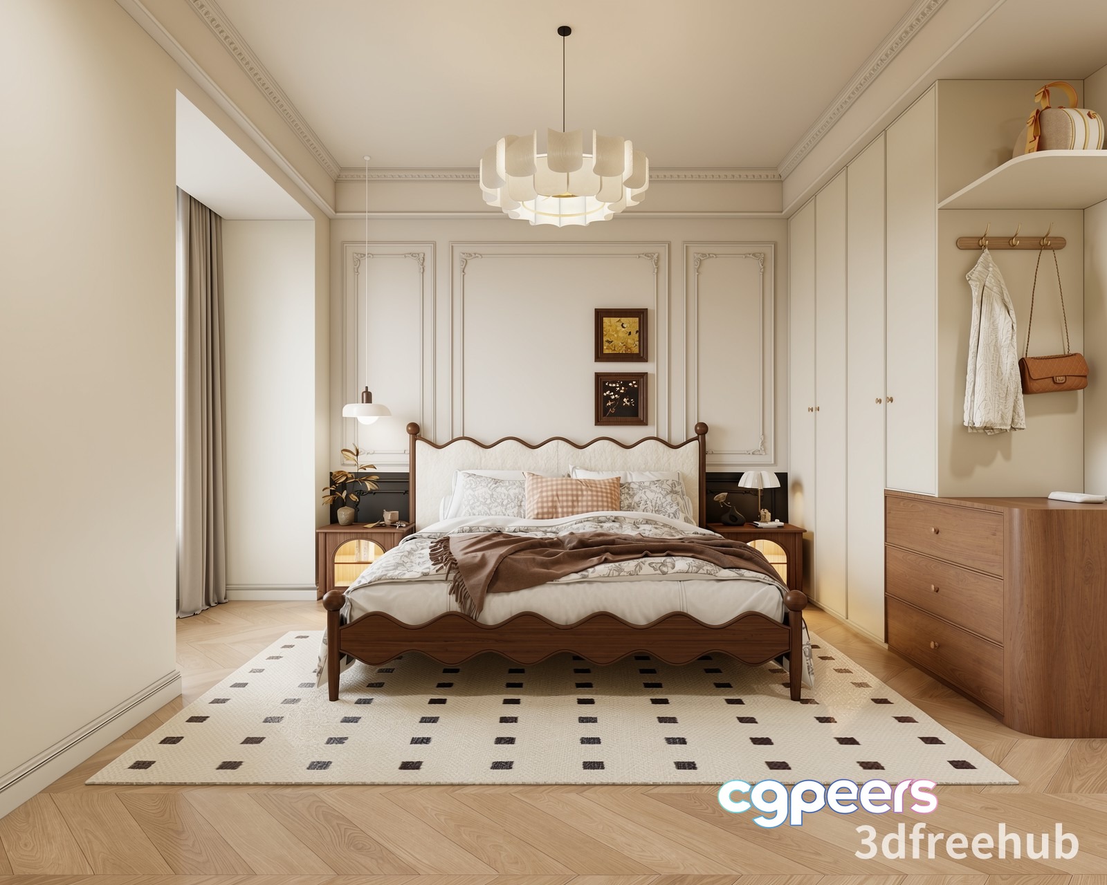 A Bedroom With A Wooden Bed 3D Model - 21941 - VRAY Render