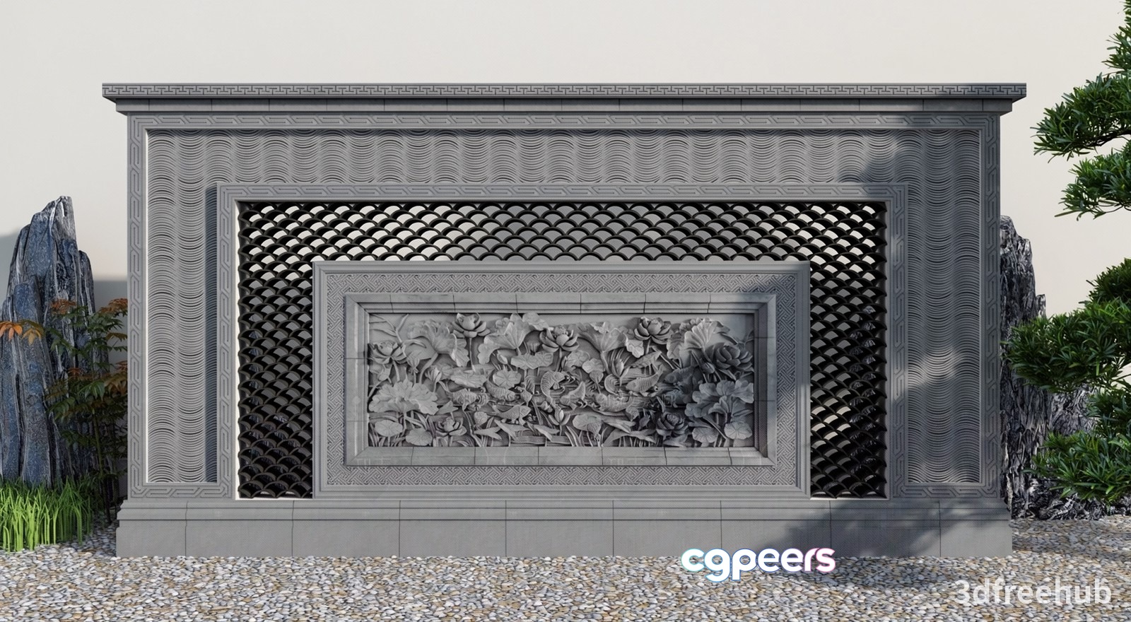 A Stone Wall With A Floral Design 3D Model - 22281 - VRAY Render