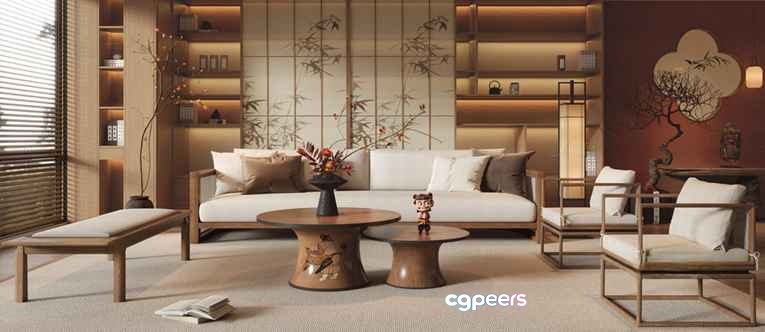 Modern Japanese-Inspired Living Room 3D Model - 6017 - VRAY Render