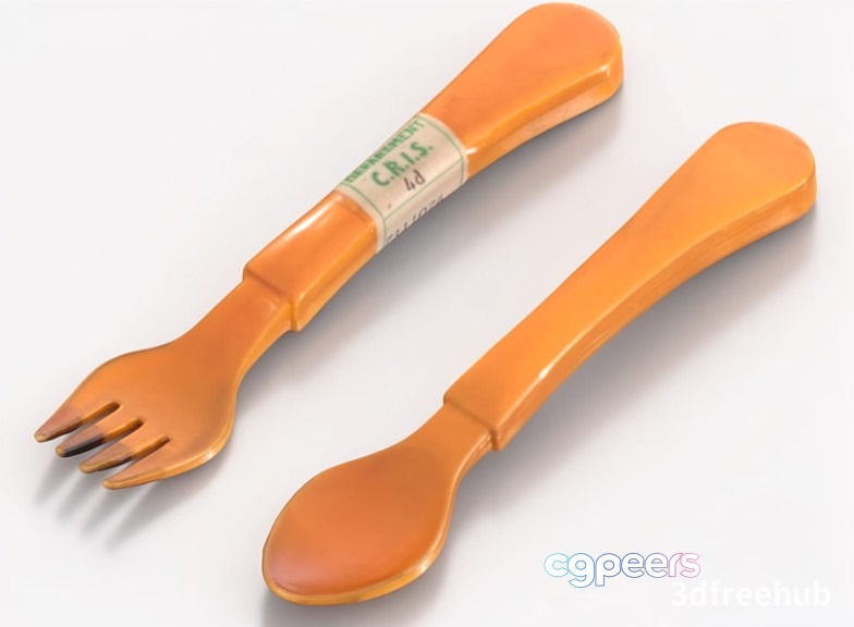 A Pair Of Orange Plastic Baby Spoons 3D Model - 4331 - VRAY Render