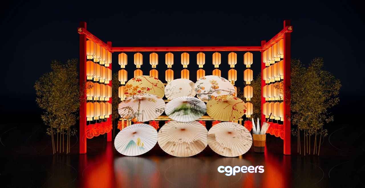 Oriental-Style Decorative Wall 3D Model - 18108 - VRAY Render