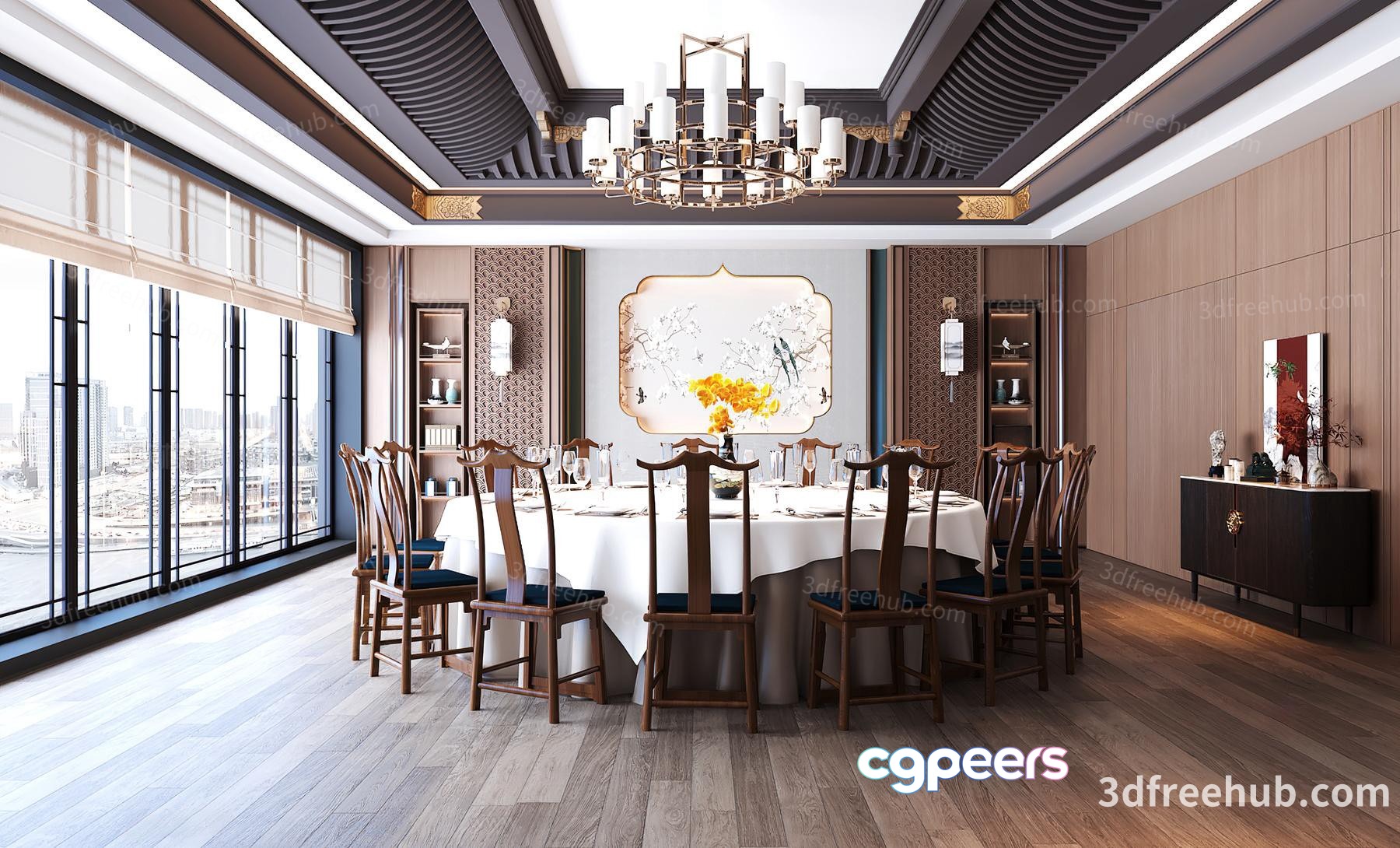 A Large Dining Room With A Table And Chairs 3D Model - 22998 - VRAY Render