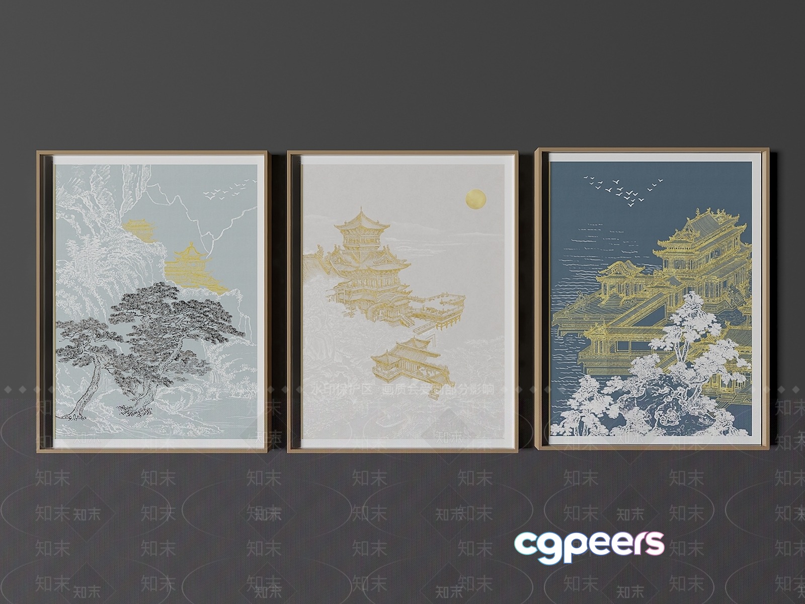 Three Framed Pictures Of Asian-Inspired Artwork 3D Model - 2039 - VRAY Render