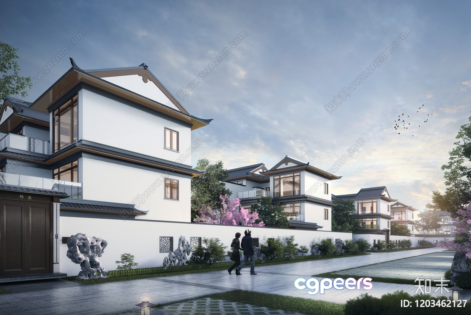 A Large White House With A Brown Door And A Stone Pathway 3D Model - 9677 - VRAY Render