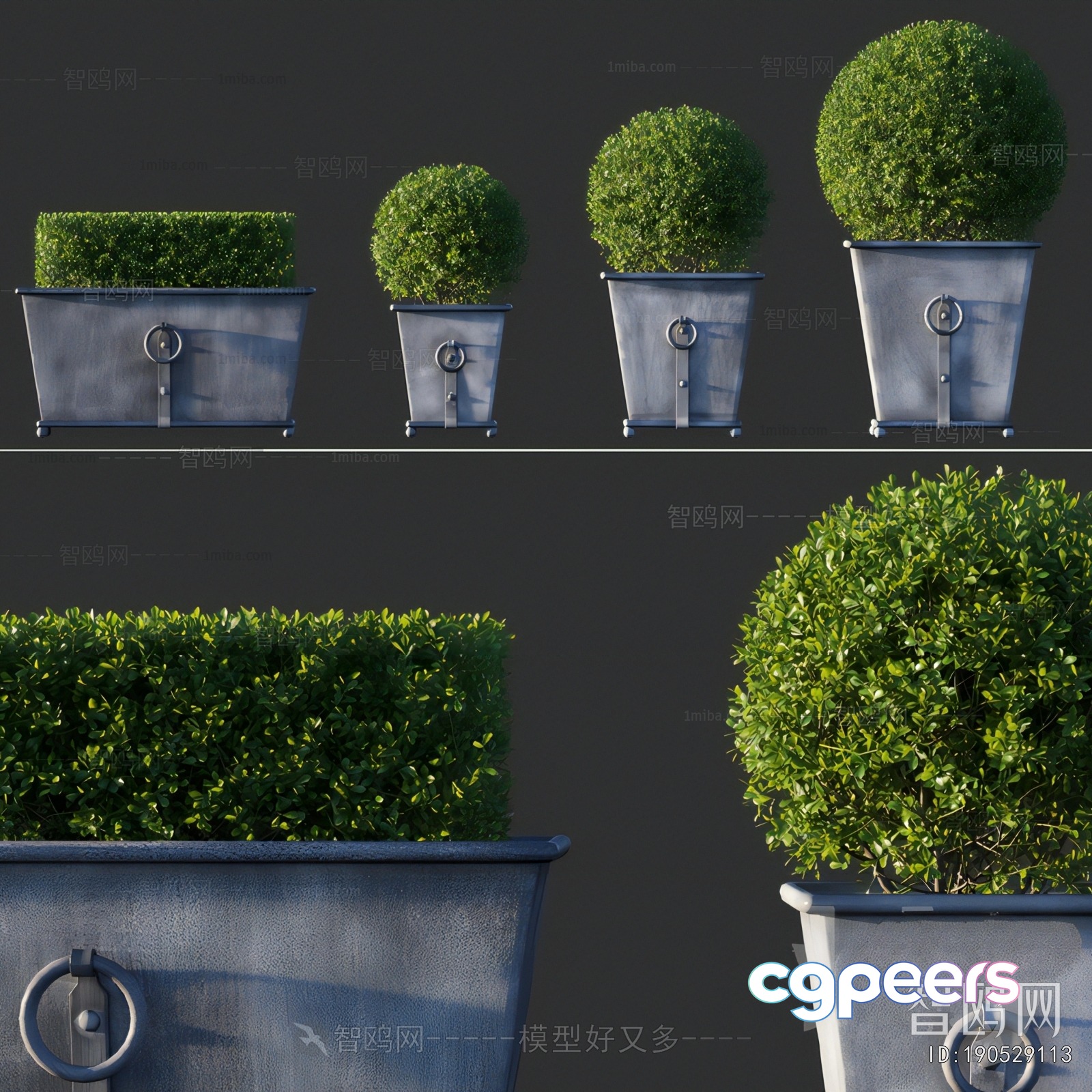 A Large Gray Planter With Green Plants 3D Model - 14020 - VRAY Render