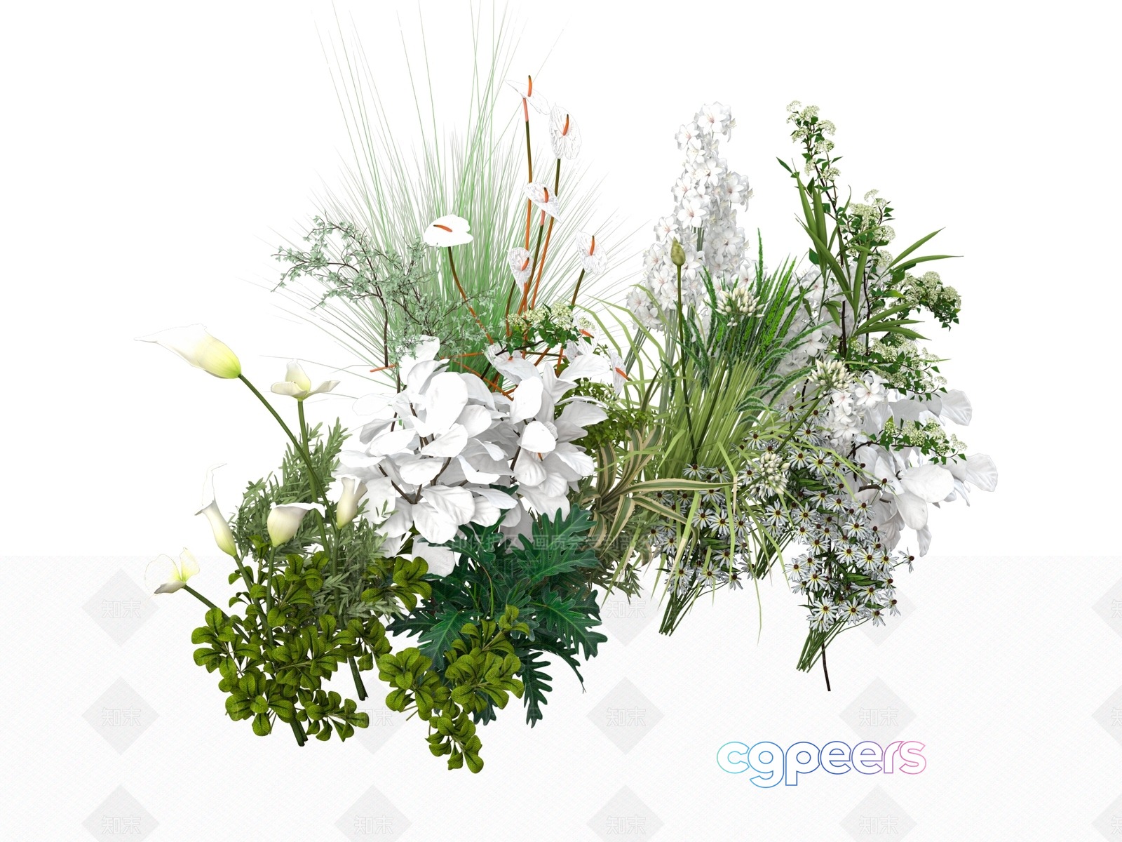 White Flowers And Greenery 3D Model - 14101 - VRAY Render