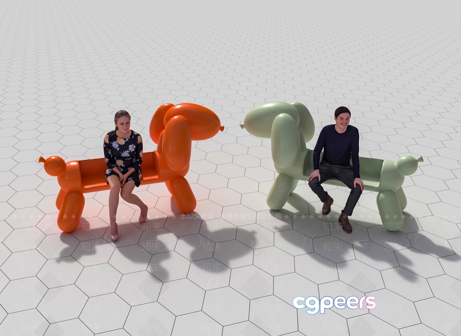 A Man And Woman Sitting On Dog-Shaped Benches 3D Model - 12740 - VRAY Render
