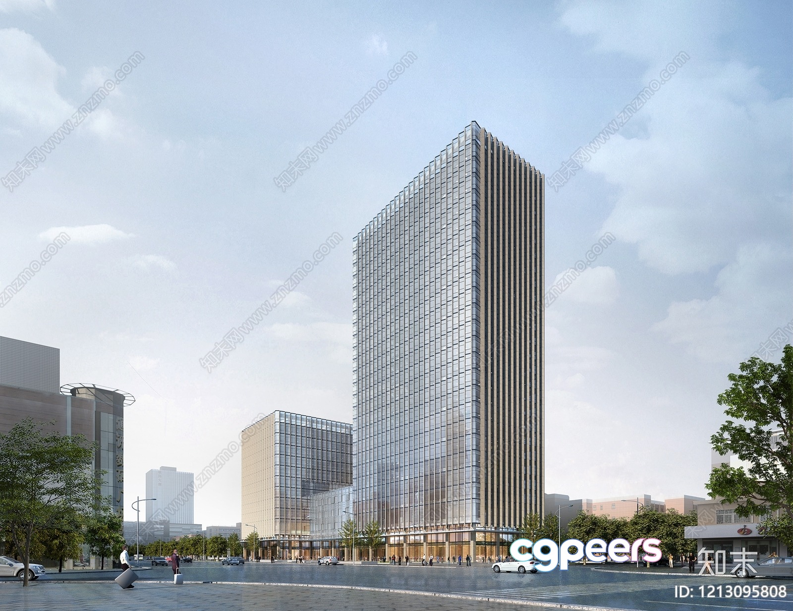 The Main Subject Is A Tall Glass Building And One Key Characteristic Is Its 3D Model - 9675 - VRAY Render
