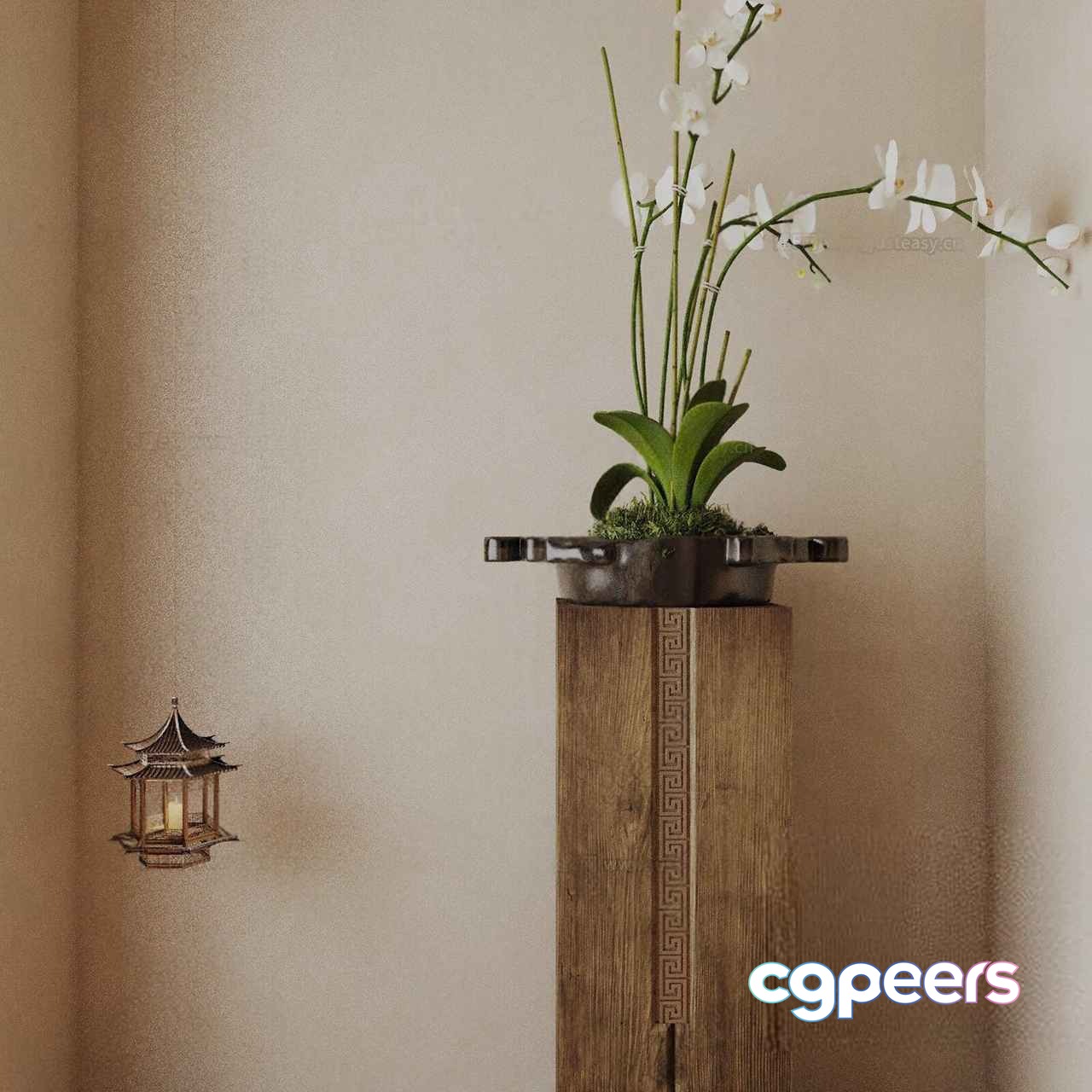 A Tall Wooden Plant Stand With A White Orchid 3D Model - 1523 - VRAY Render