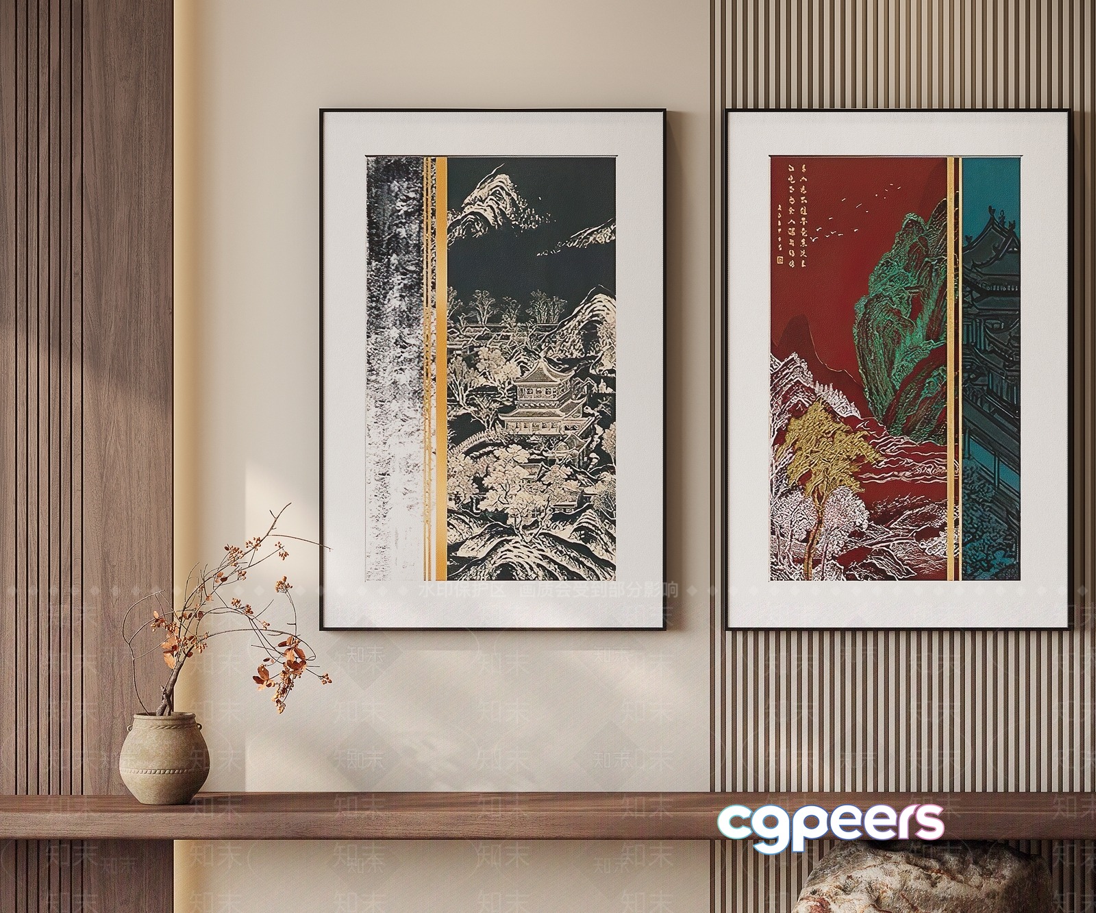 Two Framed Asian-Style Artworks 3D Model - 10131 - VRAY Render Two Framed Asian-Style Artworks 3D Model - 10131 - VRAY Render