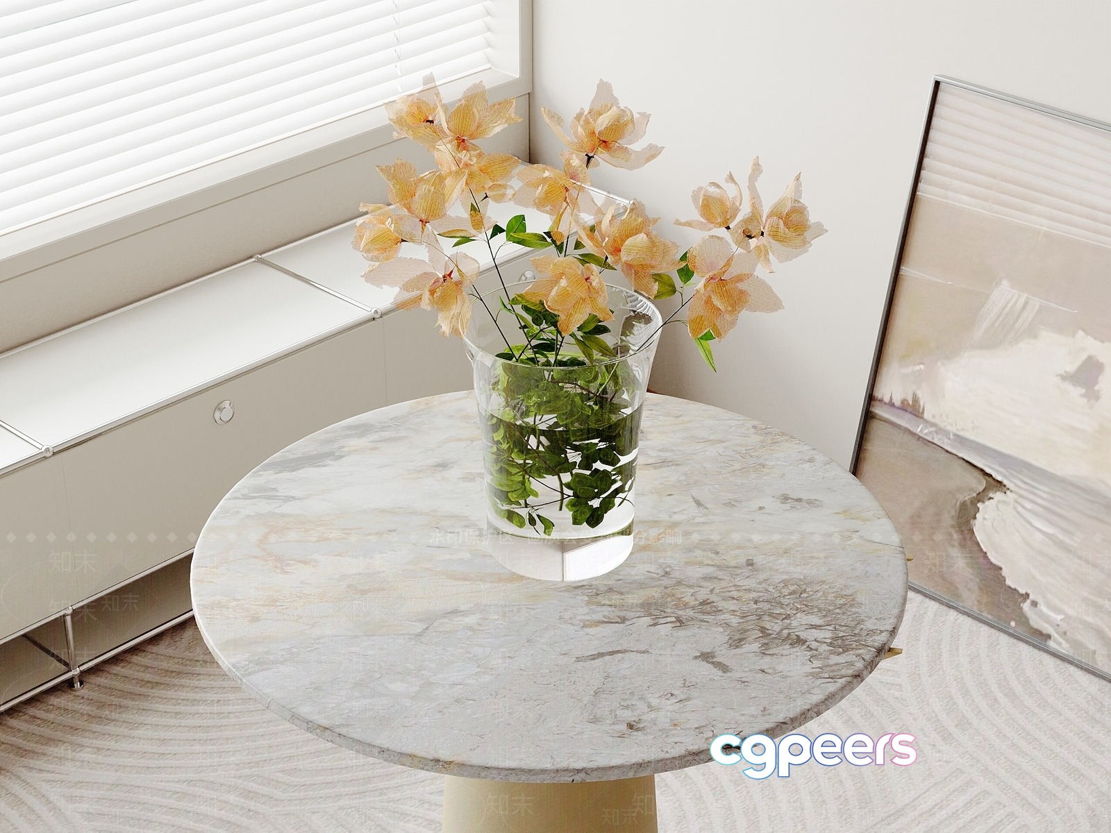 A Round Table With A Marble Top And A Vase Of Flowers On It 3D Model - 23207 - VRAY Render