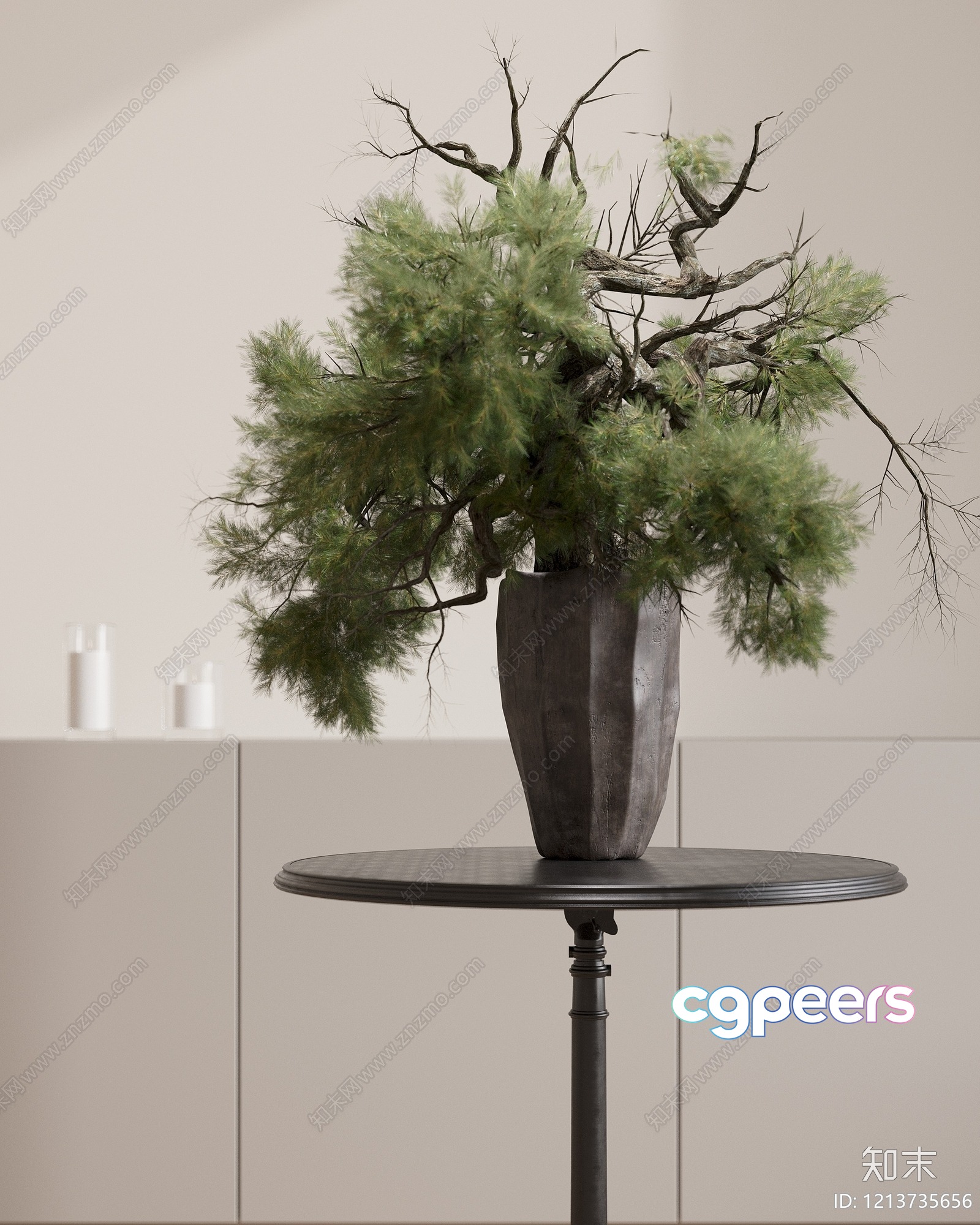 A Vase With A Pine Branch On A Table 3D Model - 7910 - VRAY Render A Vase With A Pine Branch On A Table 3D Model - 7910 - VRAY Render