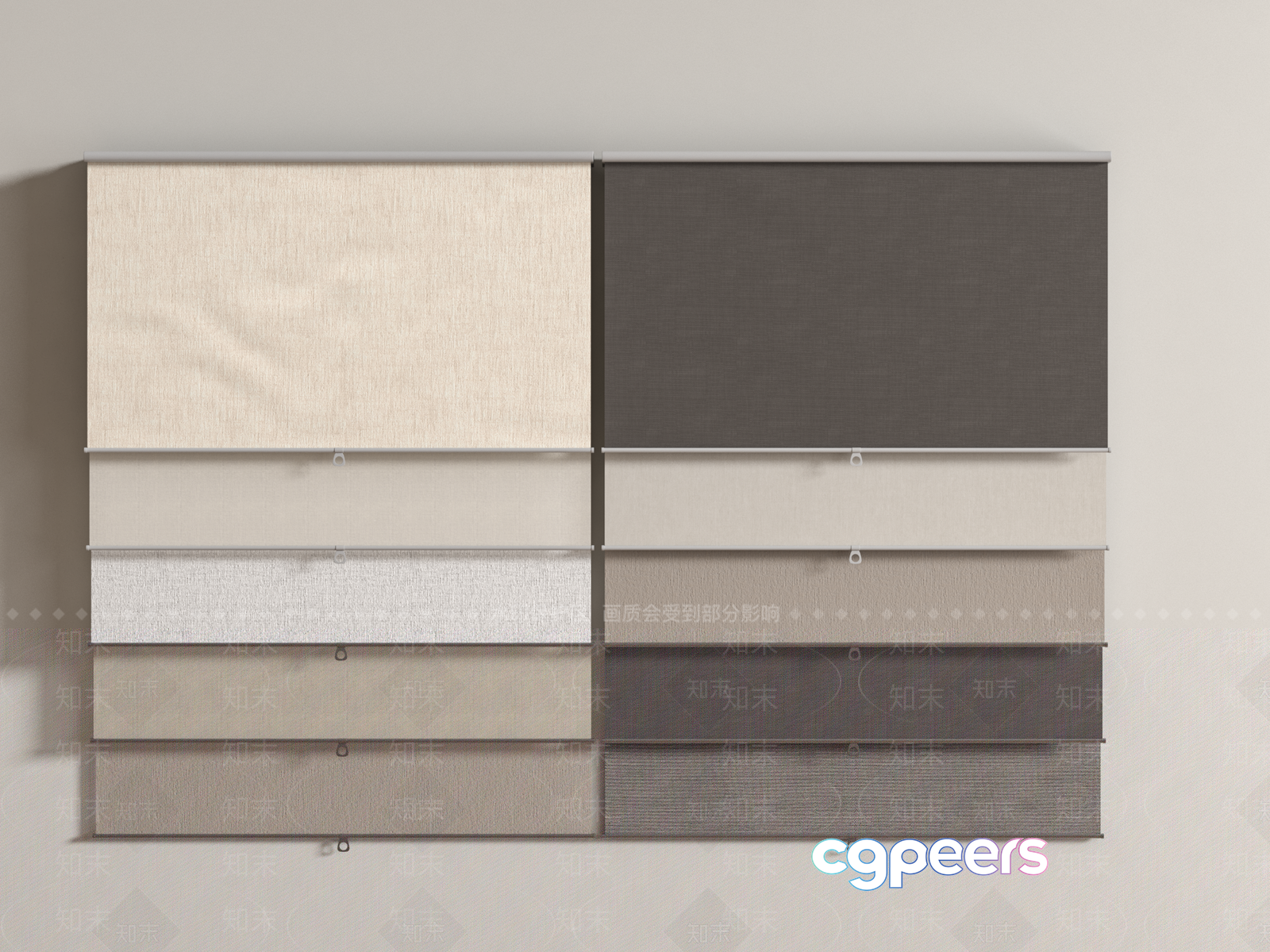 A Collection Of Fabric Swatches In Various Shades Of Beige And 3D Model - 5300 - VRAY Render A Collection Of Fabric Swatches In Various Shades Of Beige And 3D Model - 5300 - VRAY Render