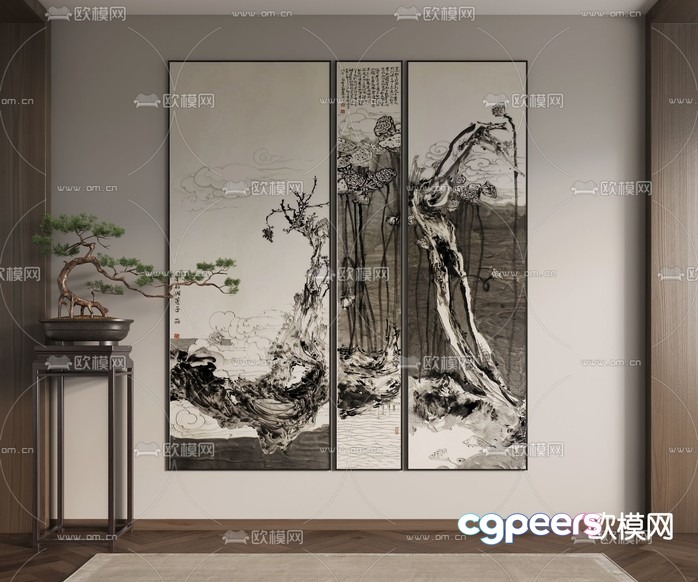 A Black And White Painting Of Trees 3D Model - 6413 - VRAY Render