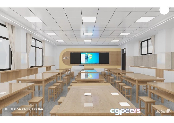 A Classroom With Wooden Tables And Benches 3D Model - 4932 - VRAY Render A Classroom With Wooden Tables And Benches 3D Model - 4932 - VRAY Render