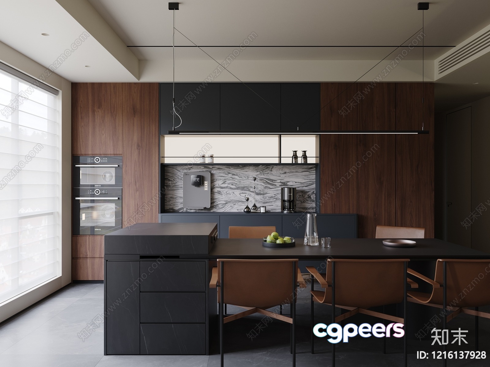 A Modern Kitchen With A Large Dining Table 3D Model - 13906 - VRAY Render
