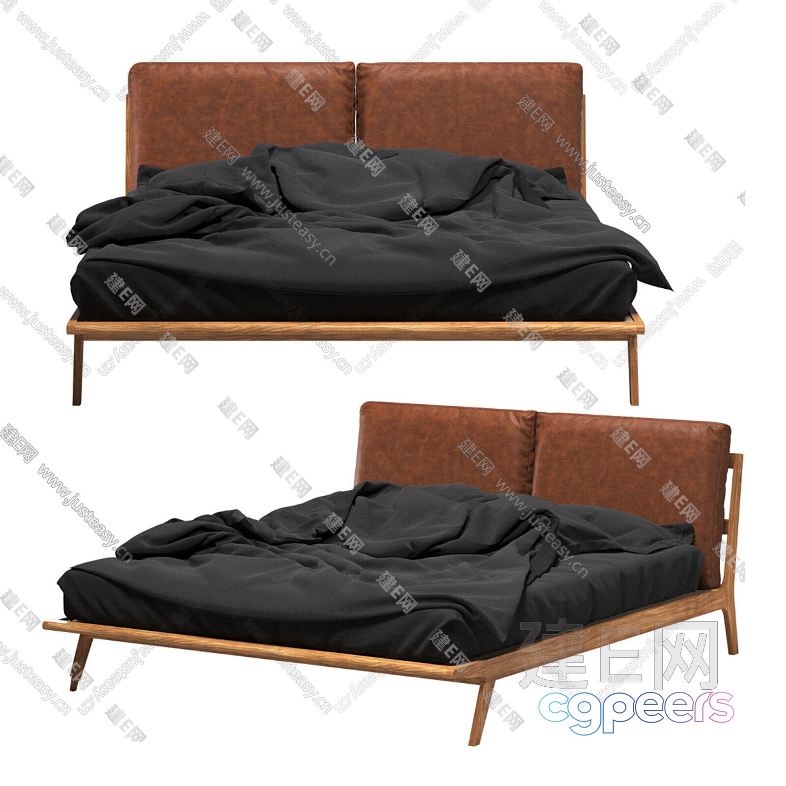 A Bed With A Brown Leather Headboard And A Black Comforter 3D Model - 3736 - VRAY Render A Bed With A Brown Leather Headboard And A Black Comforter 3D Model - 3736 - VRAY Render