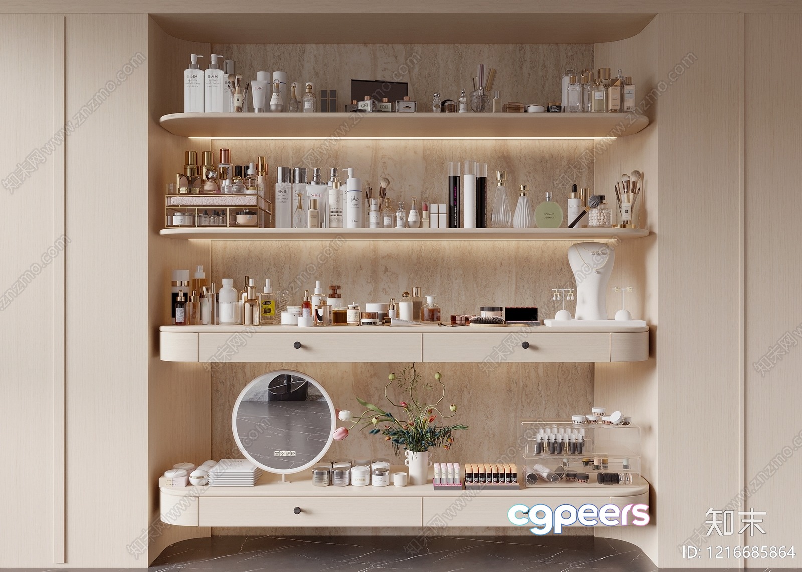 A Shelf With Various Cosmetics 3D Model - 16443 - VRAY Render A Shelf With Various Cosmetics 3D Model - 16443 - VRAY Render