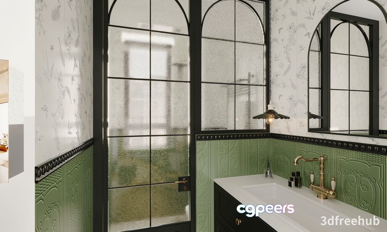 A Bathroom With A White Sink And Green Accents 3D Model - 21215 - VRAY Render