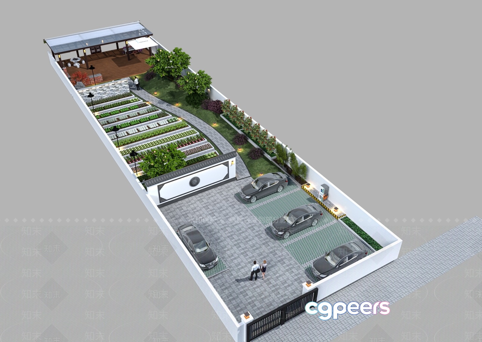 A 3D Rendering Of A Parking Lot With A Garden And A Building 3D Model - 12752 - VRAY Render