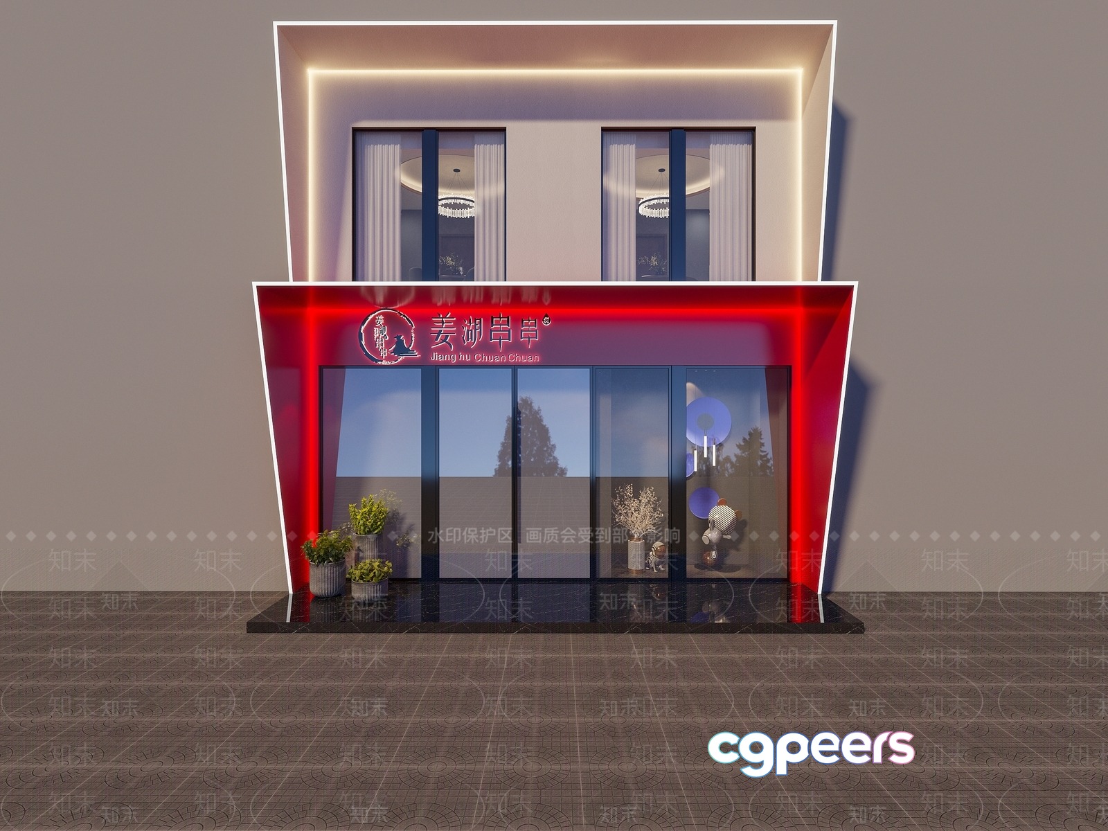 Modern Storefront With Red Accents 3D Model - 20119 - VRAY Render Modern Storefront With Red Accents 3D Model - 20119 - VRAY Render