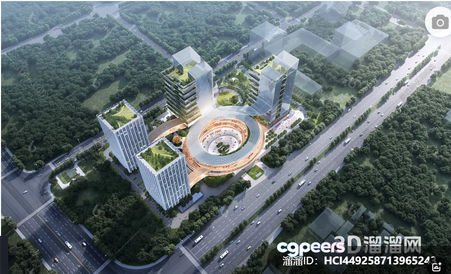 A 3D Rendering Of A Cityscape With A Large Building And Road 3D Model - 3022 - VRAY Render