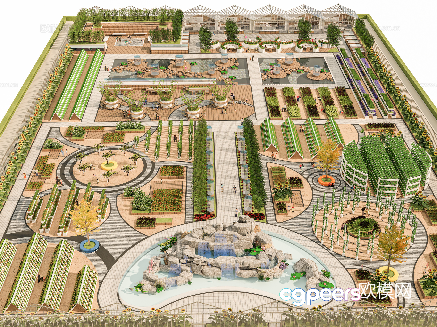 A 3D Rendering Of A Large Garden With Various Plants And A Pond 3D Model - 3444 - VRAY Render