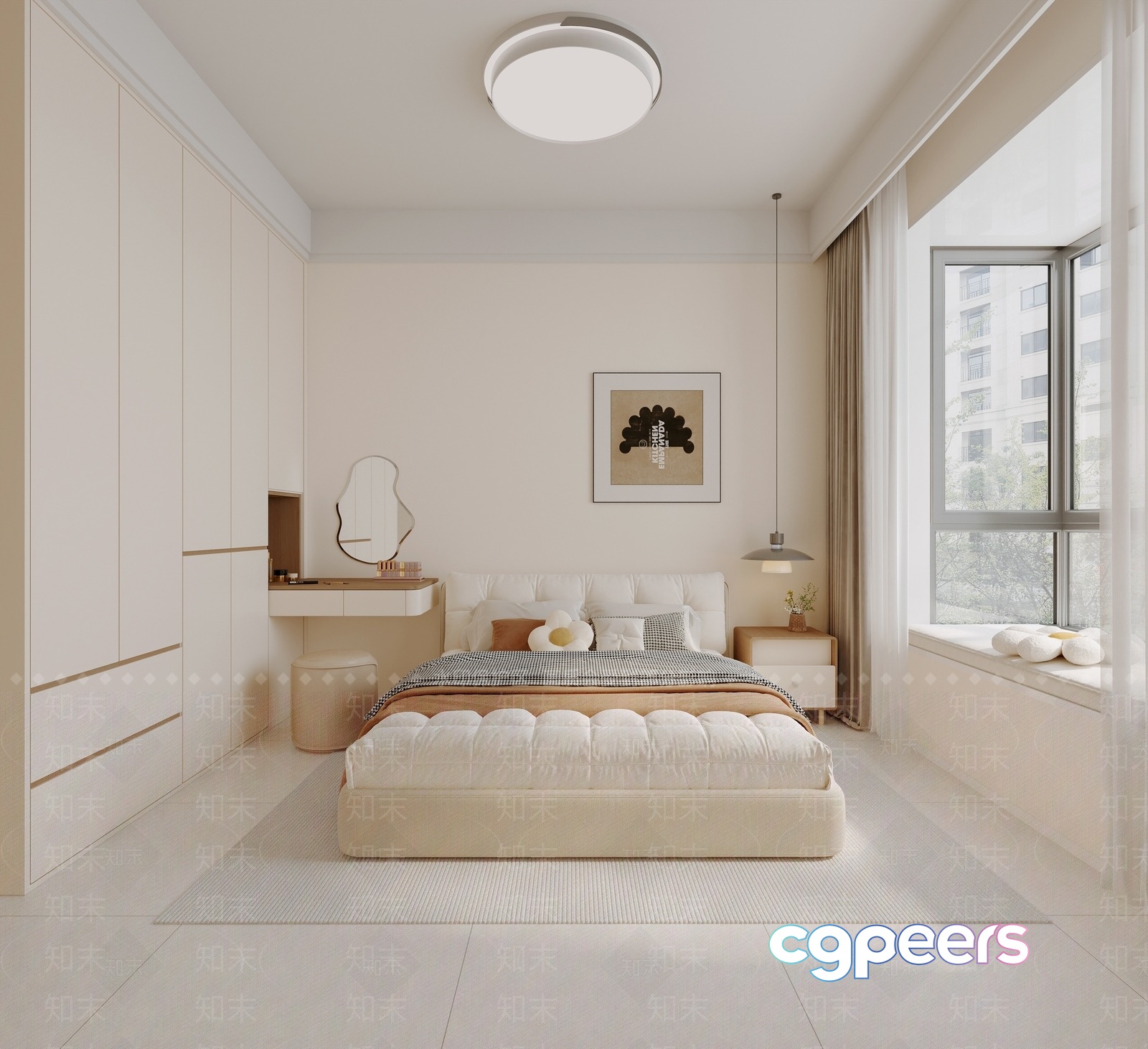 Modern Creamy Bedroom 3D Model - 11634 - CORONA Render
