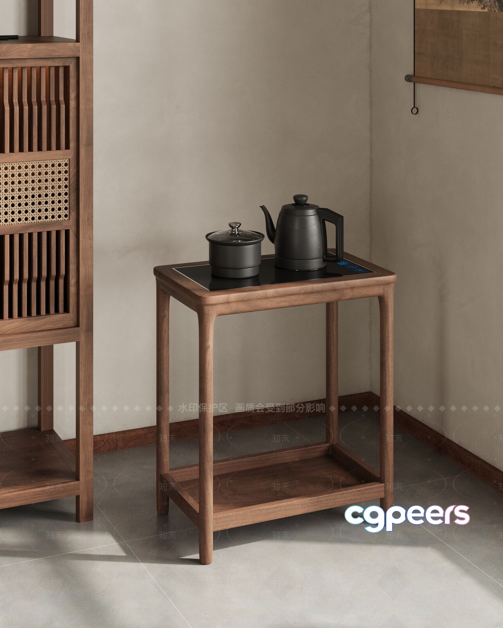 A Wooden Table With A Kettle And Pot 3D Model - 22055 - CORONA Render