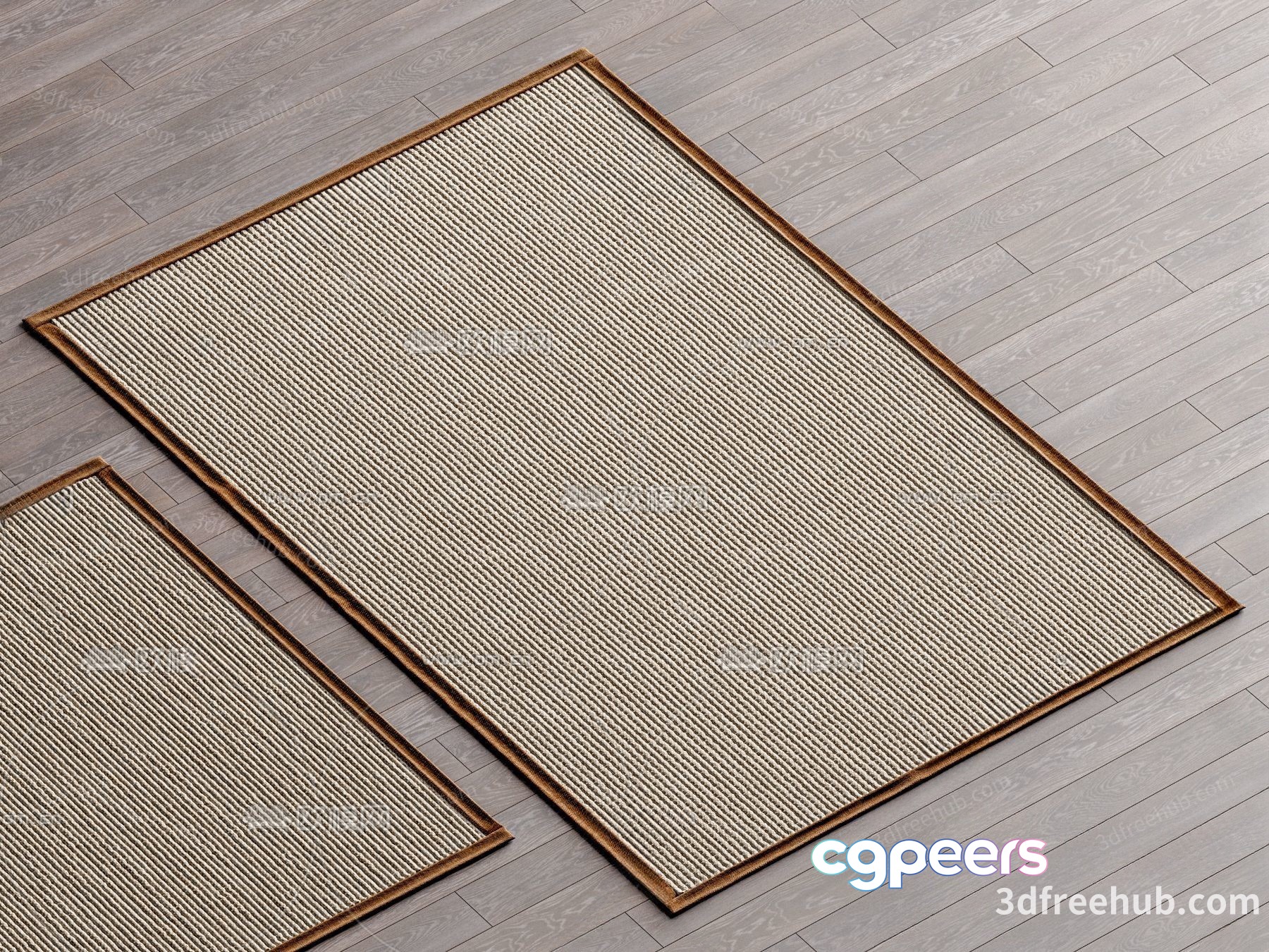 Two Beige Rugs With Brown Borders On A Grey Wooden Floor 3D Model - 23490 - VRAY Render