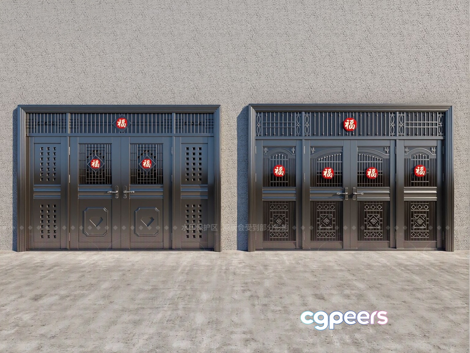 Two Ornate Doors With Chinese Characters 3D Model - 3551 - VRAY Render