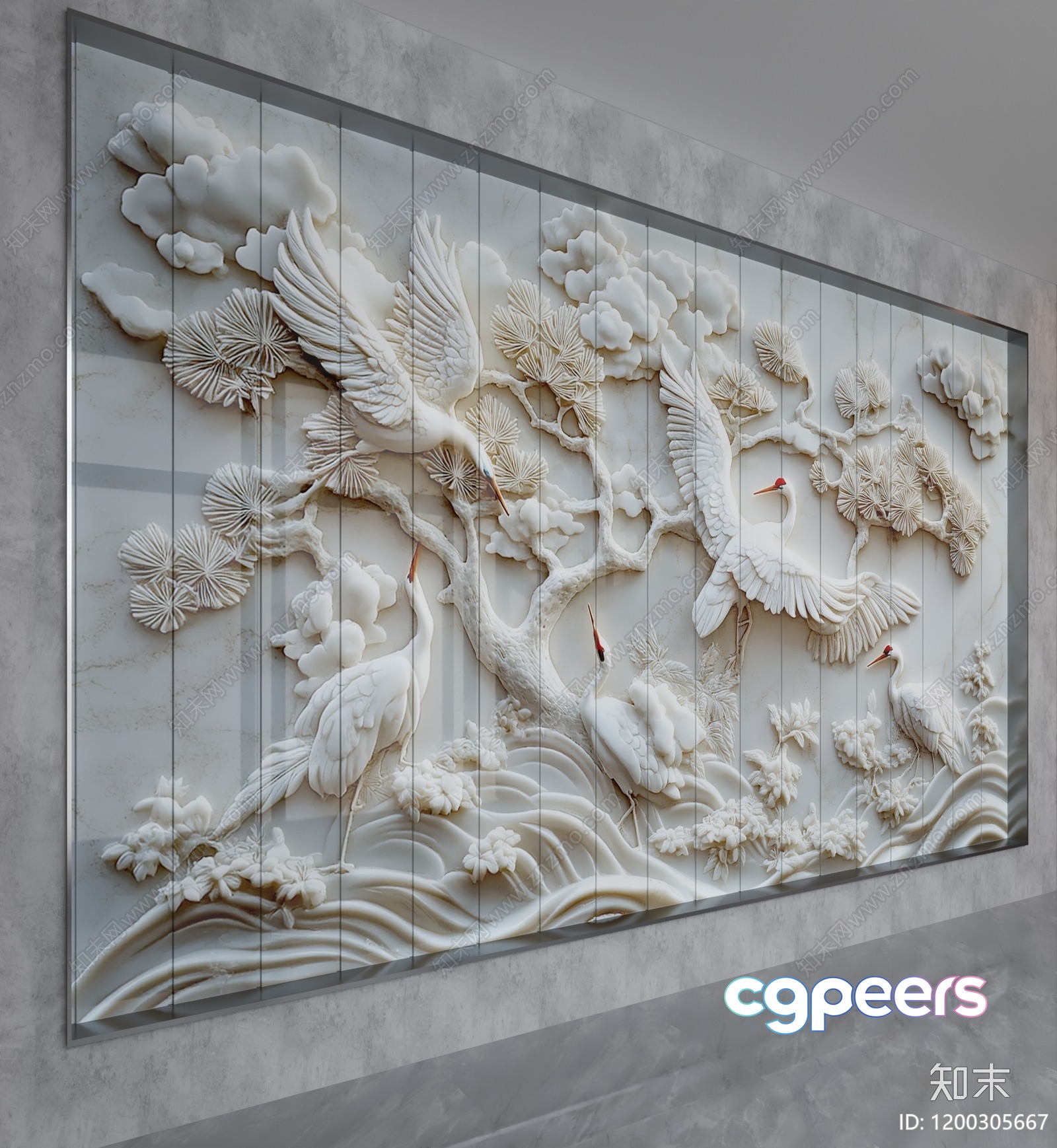 A White Marble Relief Of Cranes In Flight 3D Model - 12930 - VRAY Render