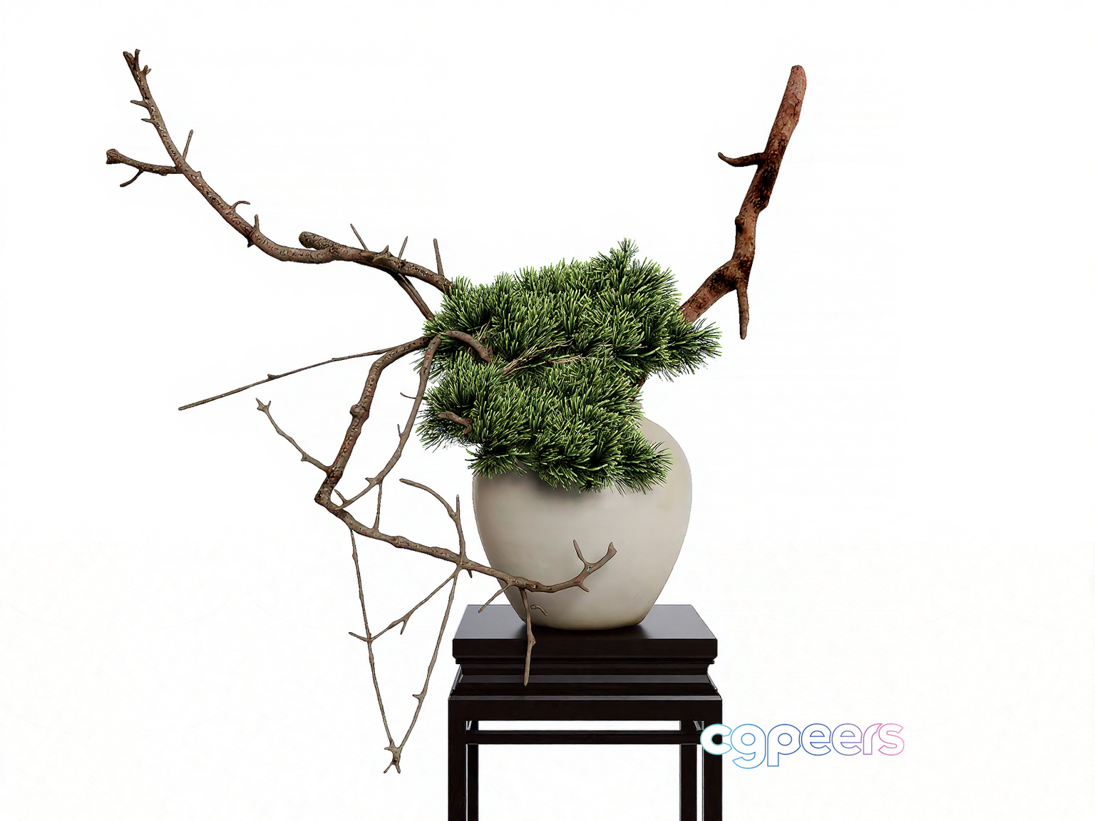 A White Vase With Greenery And Branches 3D Model - 10246 - VRAY Render