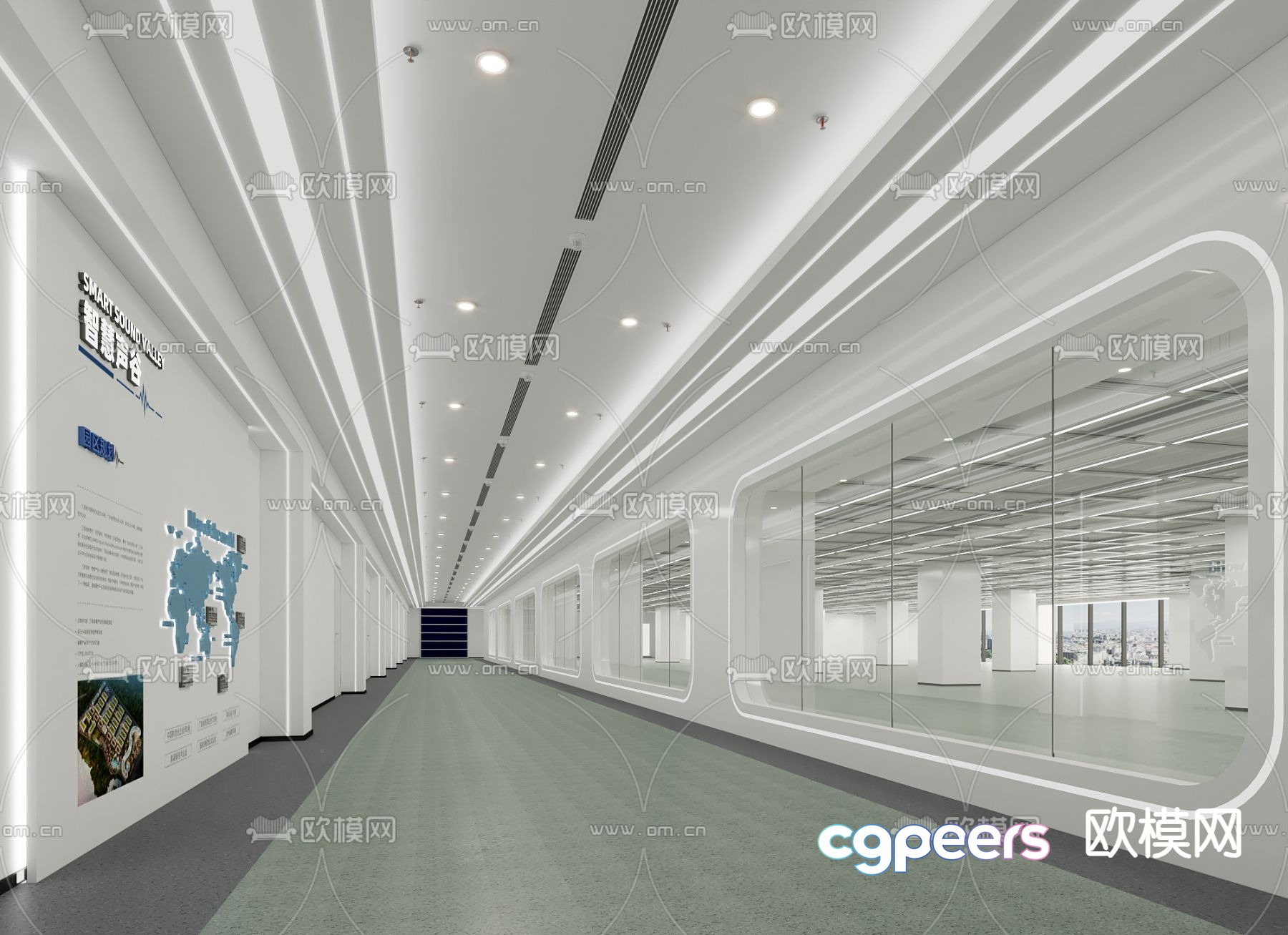 A Large Empty Hallway With White Walls And Ceiling 3D Model - 12413 - VRAY Render