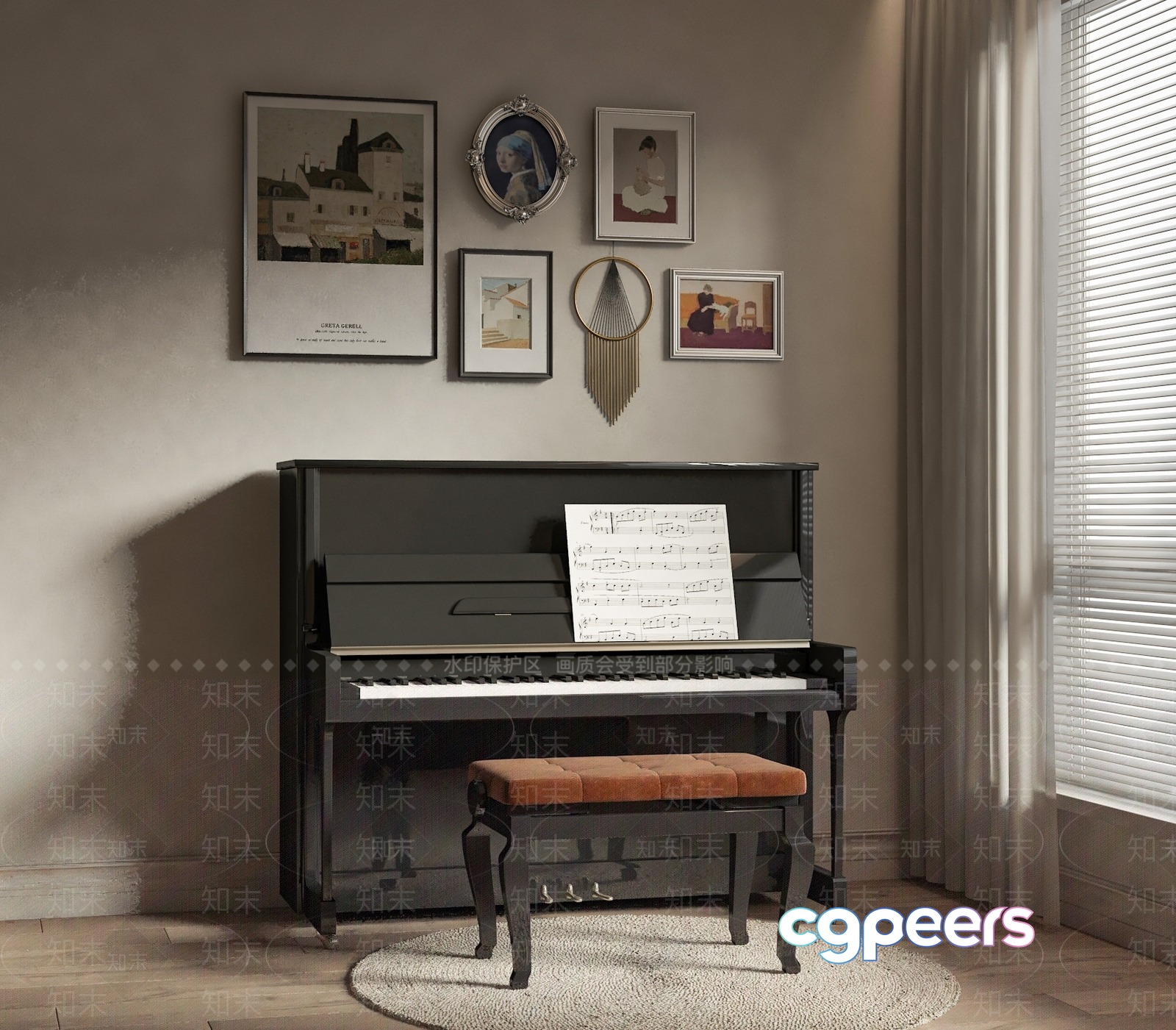 A Black Piano With A Brown Bench 3D Model - 3493 - VRAY Render