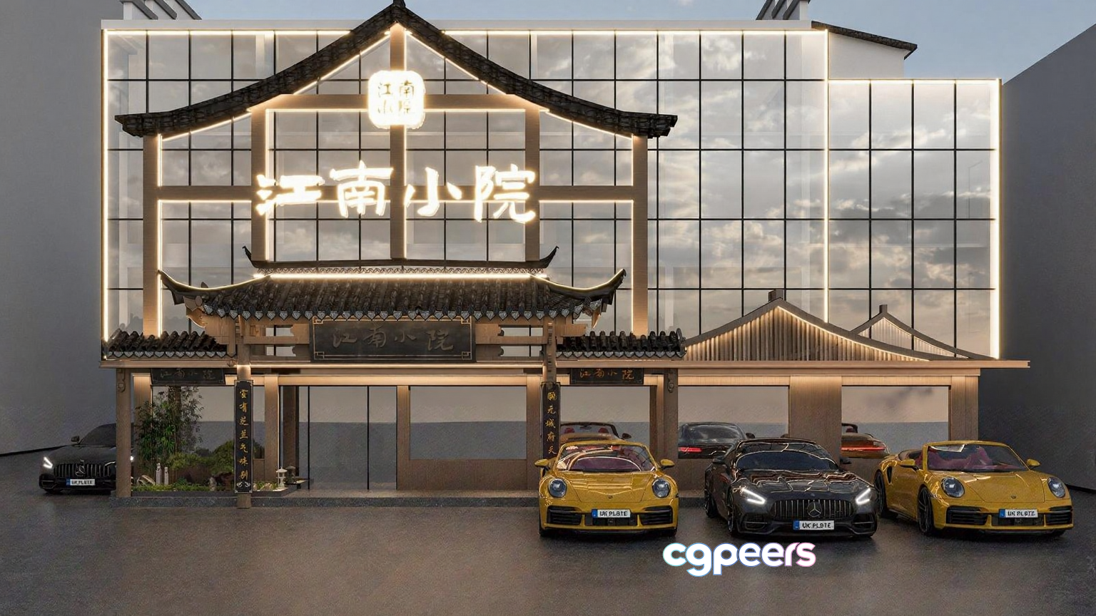 A Building With A Large Glass Facade And A Row Of Sports Cars Parked In 3D Model - 4747 - CORONA Render A Building With A Large Glass Facade And A Row Of Sports Cars Parked In 3D Model - 4747 - CORONA Render