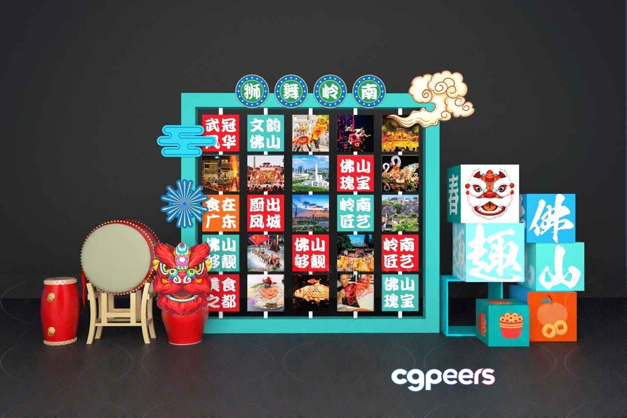 A Colorful Display Of Chinese Symbols And Images 3D Model - 4127 - VRAY Render