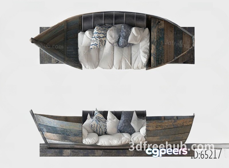 A Wooden Boat With A Couch Inside 3D Model - 20232 - VRAY Render