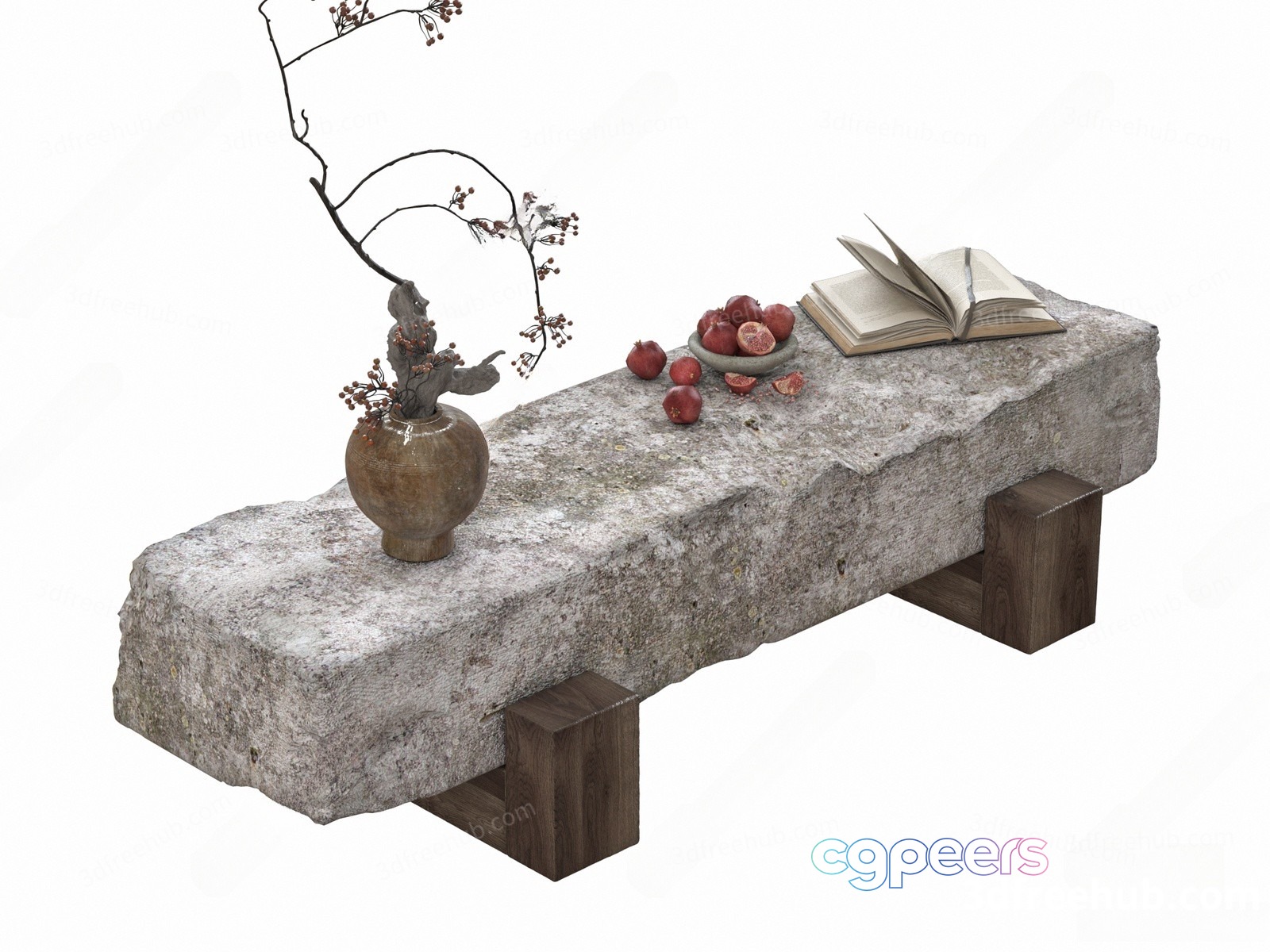 A Stone Bench With A Wooden Base 3D Model - 20567 - VRAY Render A Stone Bench With A Wooden Base 3D Model - 20567 - VRAY Render