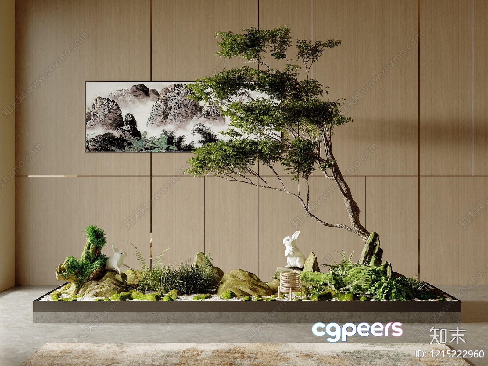 A Large Indoor Garden With A Tree And Two Rabbits 3D Model - 17669 - VRAY Render A Large Indoor Garden With A Tree And Two Rabbits 3D Model - 17669 - VRAY Render