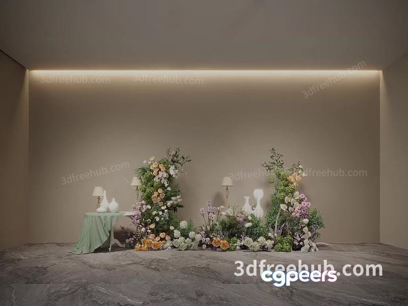 A Decorative Floral Arrangement With White Vases And Lamps 3D Model - 22561 - VRAY Render
