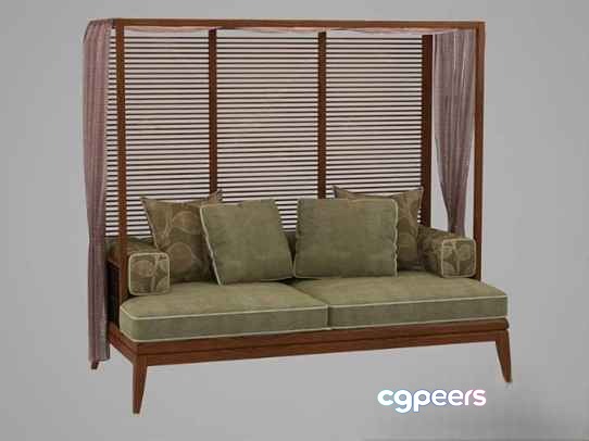 A Wooden Sofa With Green Cushions 3D Model - 14330 - VRAY Render