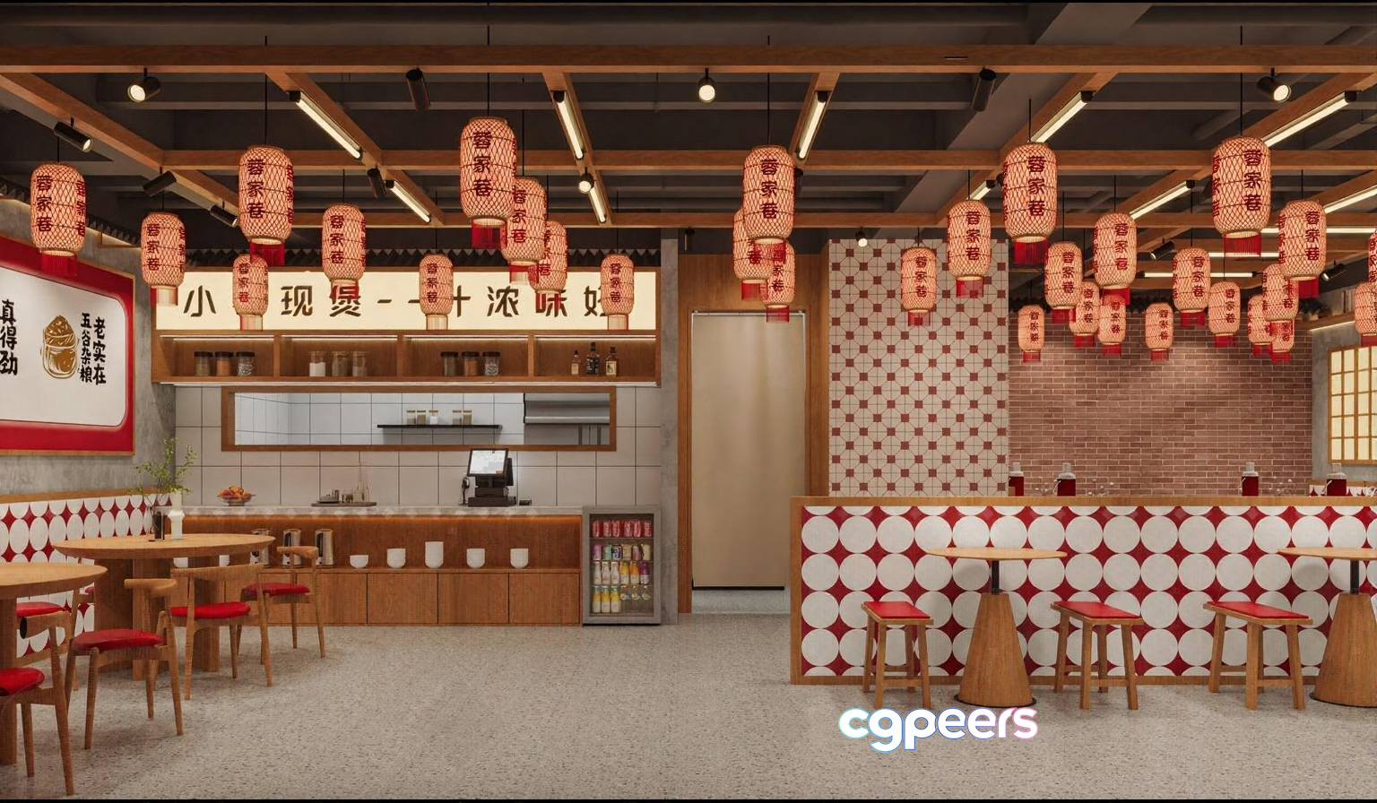 A Restaurant With Red And White Decorations 3D Model - 6557 - VRAY Render