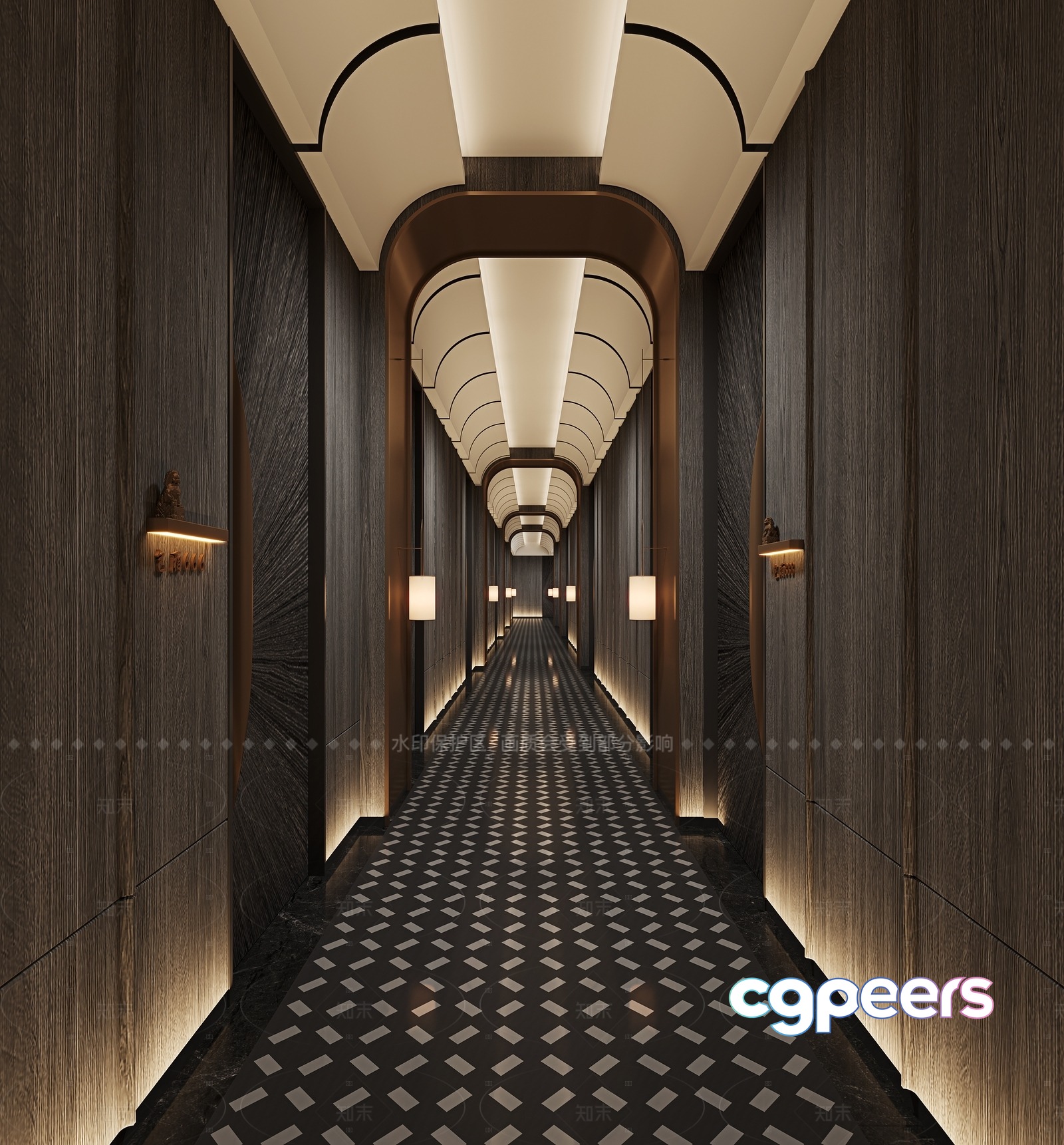 A Long Hallway With A Black And White Tiled Floor 3D Model - 5023 - CORONA Render