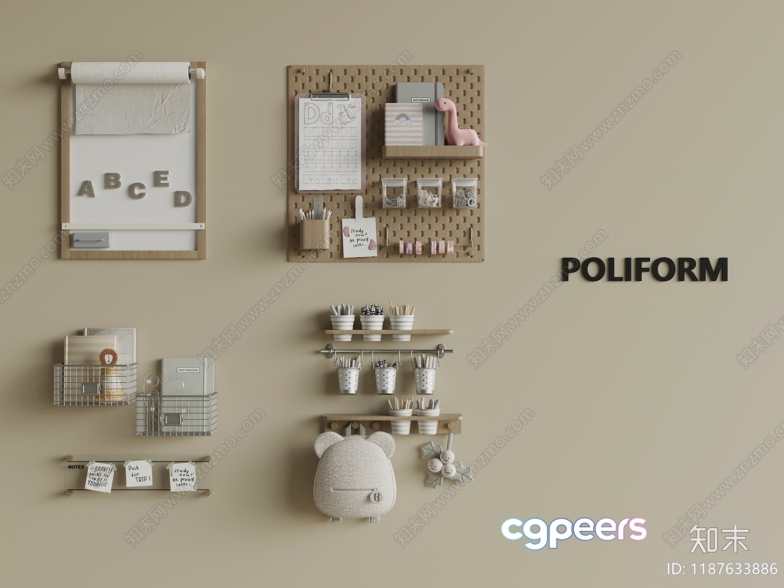 A Beige Wall With Various Items On It 3D Model - 11557 - VRAY Render