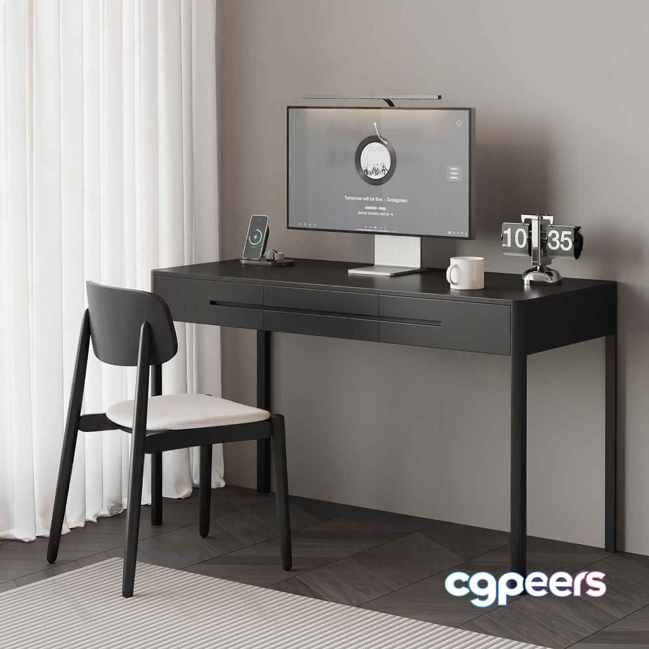 A Black Desk With A White Chair 3D Model - 14918 - VRAY Render