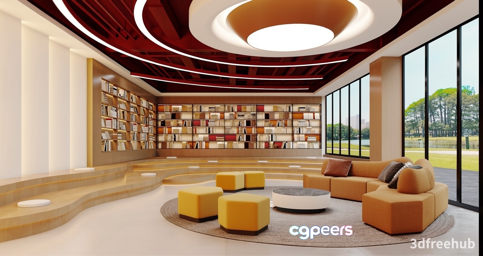 A Modern Library With A Circular Seating Area 3D Model - 2385 - VRAY Render A Modern Library With A Circular Seating Area 3D Model - 2385 - VRAY Render