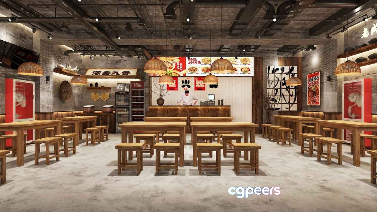 A Restaurant With A Modern Design 3D Model - 12518 - VRAY Render